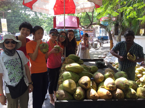 Anahata Yoga group enjoying fresh coconuts during an India tour